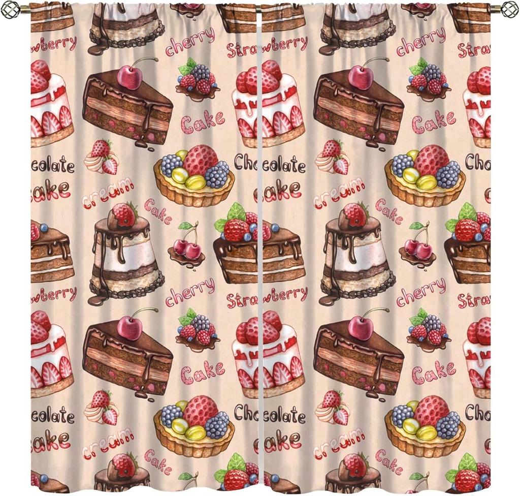Coffee Cake Fruit Dessert Curtain, Coffee Shop Bakery Inspired Tasty Cupcake Pattern Rod Pocket Window Treatments for Bedroom