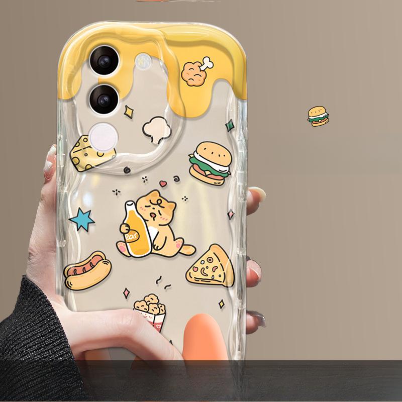 Suitable for Vivos17 Mobile Phone Case X90/80 Cute Cat Hamburger Bracket Chain IQOO11/10 Silicone Soft Shell