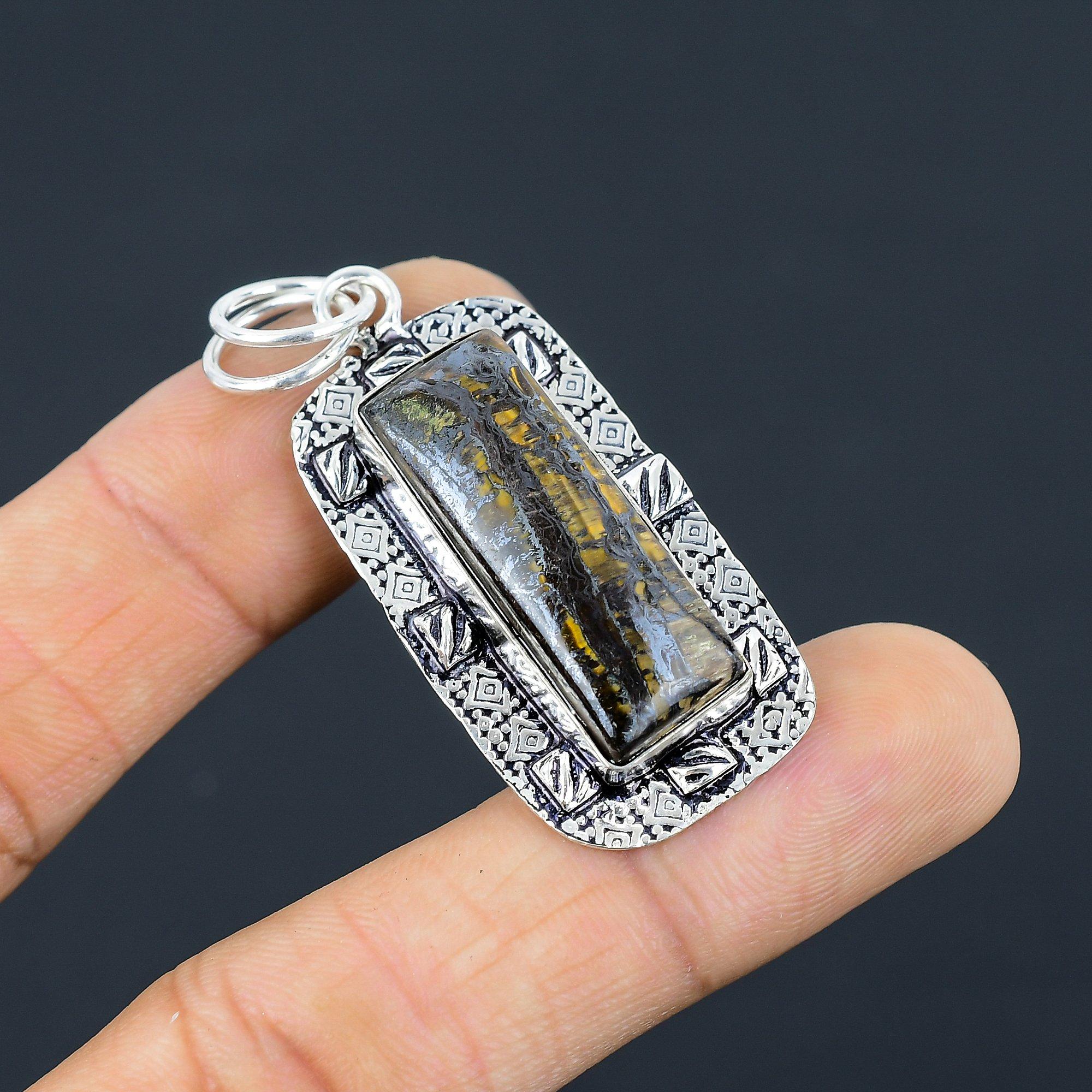 

Daughters Day Sale Rectangle Natural Iron Tiger Eye Pendant Jewelry 925 Silver