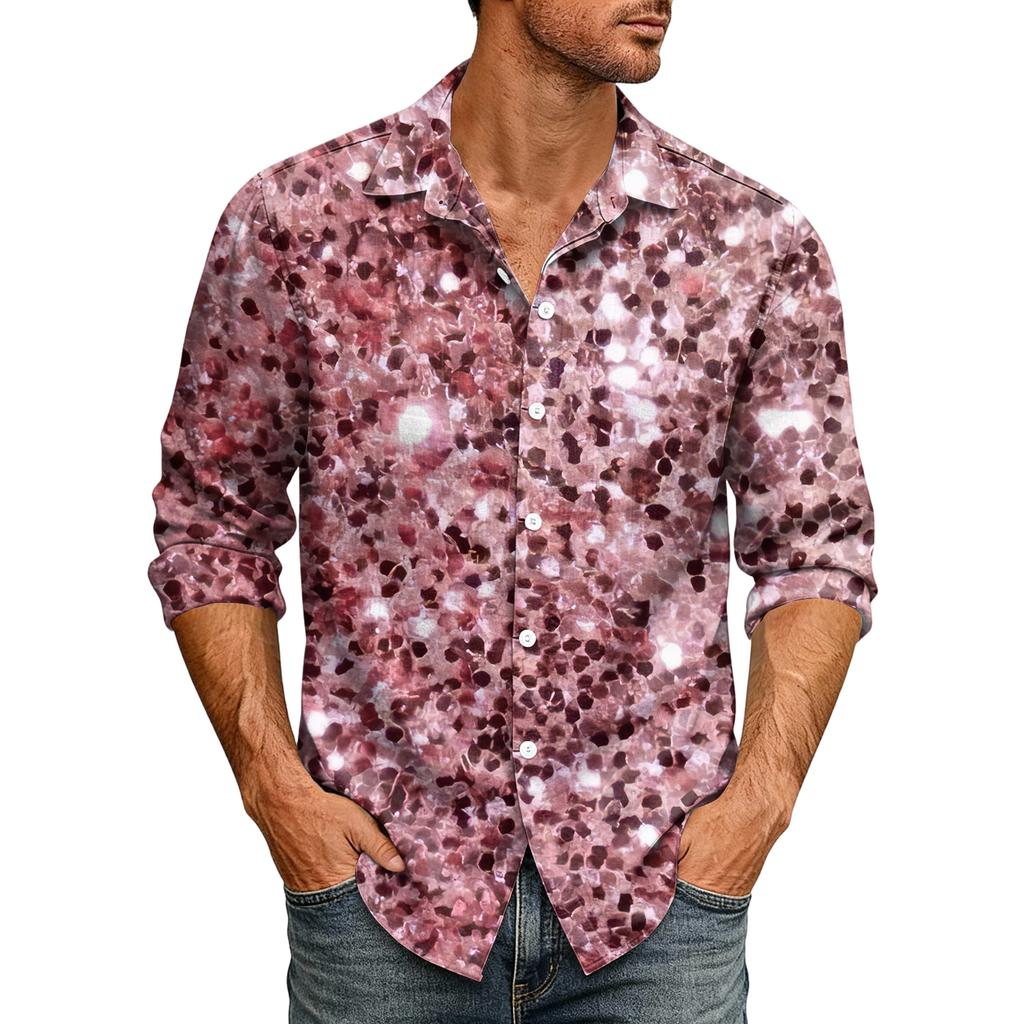 Men's 70s Disco Sequin Outfit Sequin Shirt Fit Festive New Year's Eve Hawaiian Shirt With Buttons Shirt Men's Shirt Non-Iron Vintage Glitter Shirt