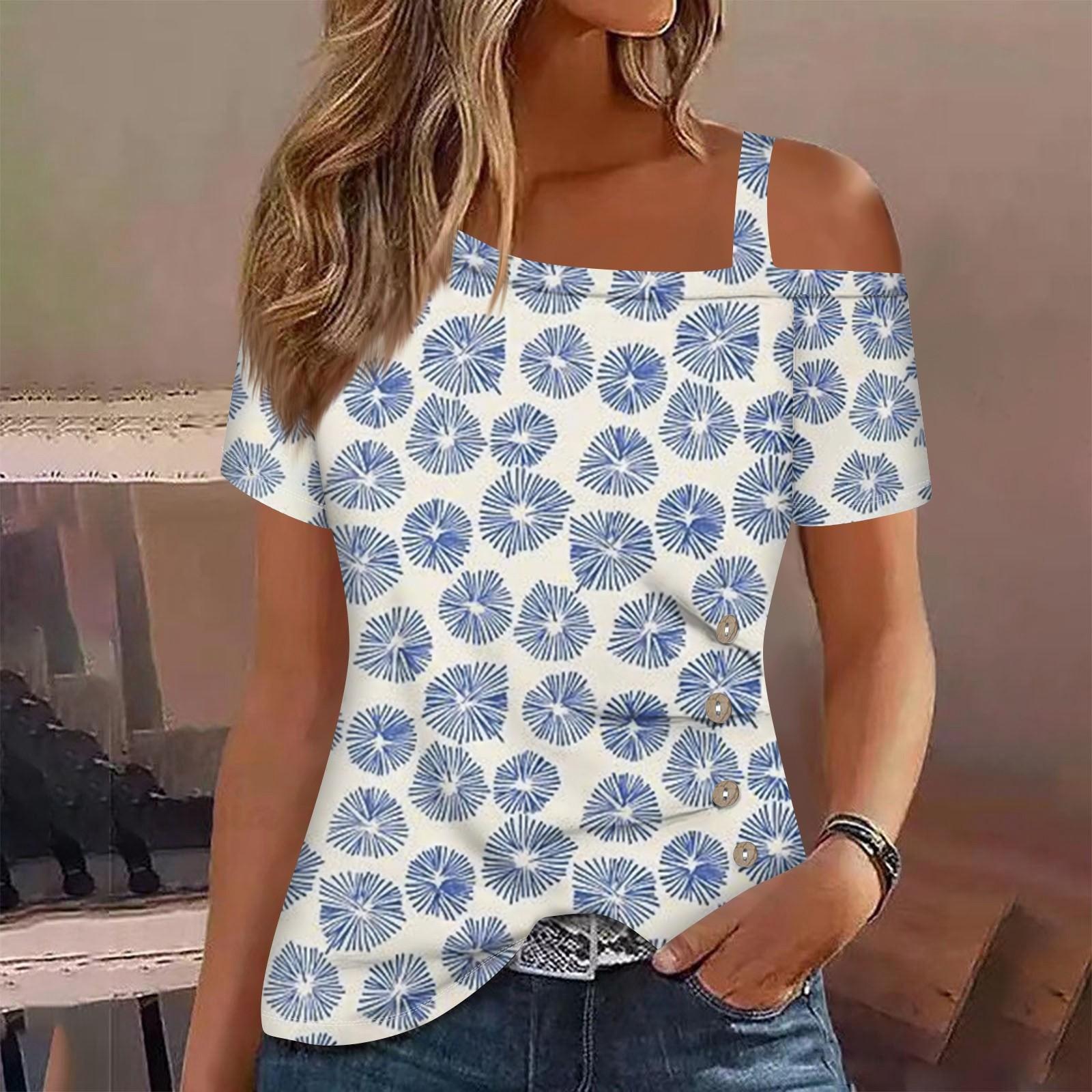 

Женские топы с открытыми плечами, плиссированные футболки с асимметричным вырезом и короткими рукавами XXXL светло-синий