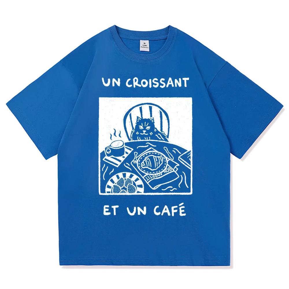 French Cafe Cat T Shirt Fashion Women Summer Funny Letter Un Croissant Et Un Cafe Tshirt High Quality Casual Cotton Tees Shirts