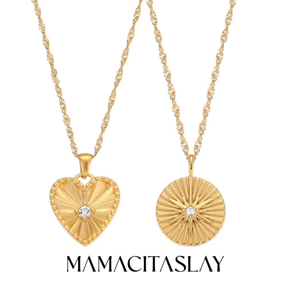 MamacitaSlay Jewelry Leaf Circle Heart Stripe Pendant Necklaces Zircon Inlaid 18K Plated Stainless Steel Necklace Women's Gift