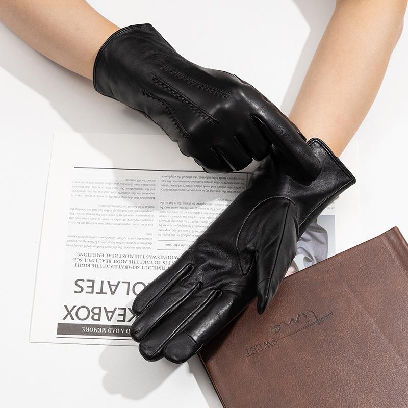 Long Warm Genuine Leather Gloves Sheepskin Gloves for Women  Touch Screen Fashionable and High  End  Black Autumn and Winter