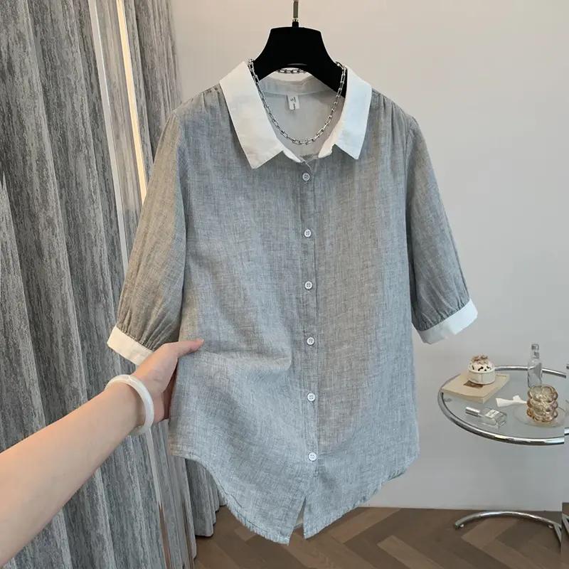 Blouses Shirt for Women Summer Cotton Short Sleeve Retro Casual Loose Blouse Coat Top