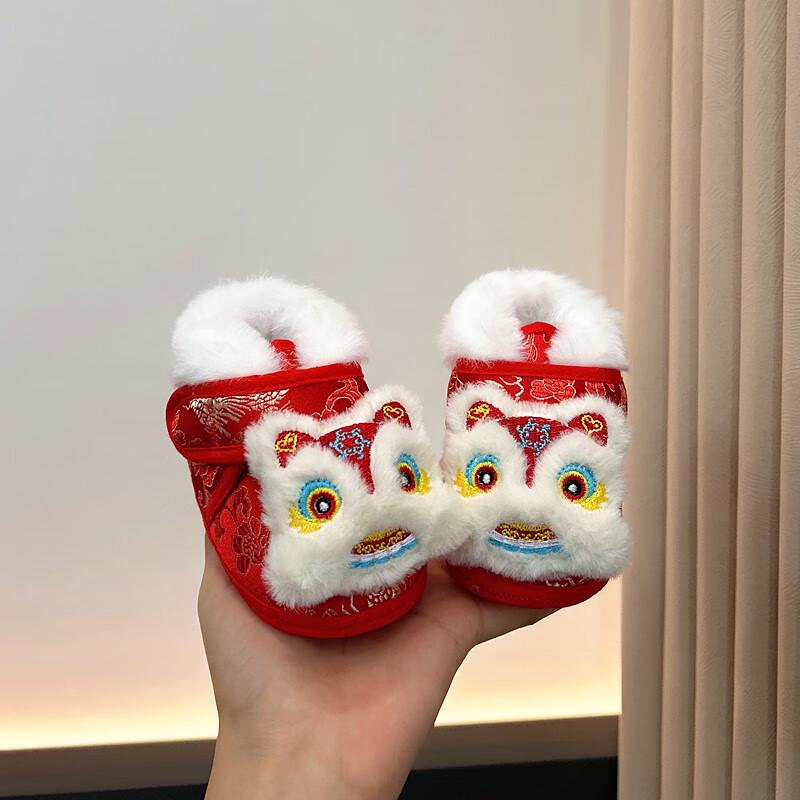 2025 Infant Baby Tiger Head Shoes: Red Fleece-Lined Cotton Winter Socks for 0-12 Months M, Inner Length 12cm, 6-12 Months