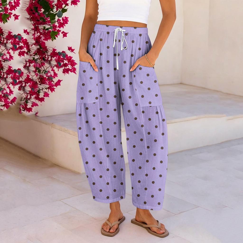 Damen Plus Size Freizeithose, Hoher Bund Lockerer Schnitt mit Taschen, Gepunkteter Druck