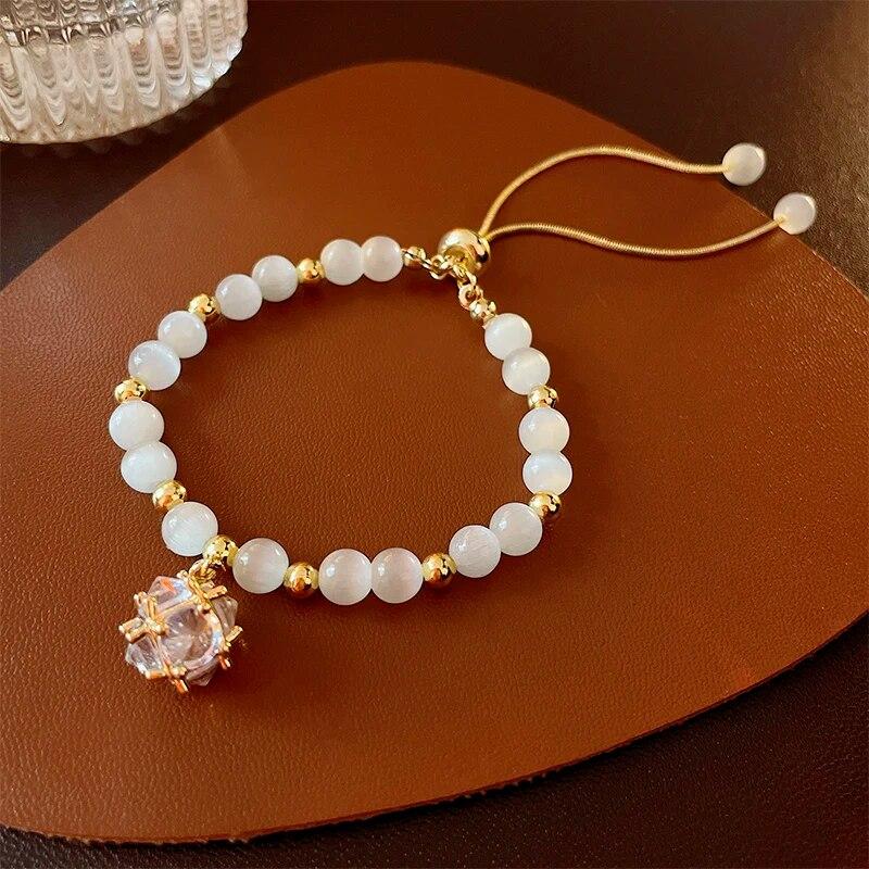

Cat Eye Stone Bead Bracelet For Women Girls Rhinestone Crystal Pendant Bracelet Exquisite Adjustable Bracelet Wristband Jewelry