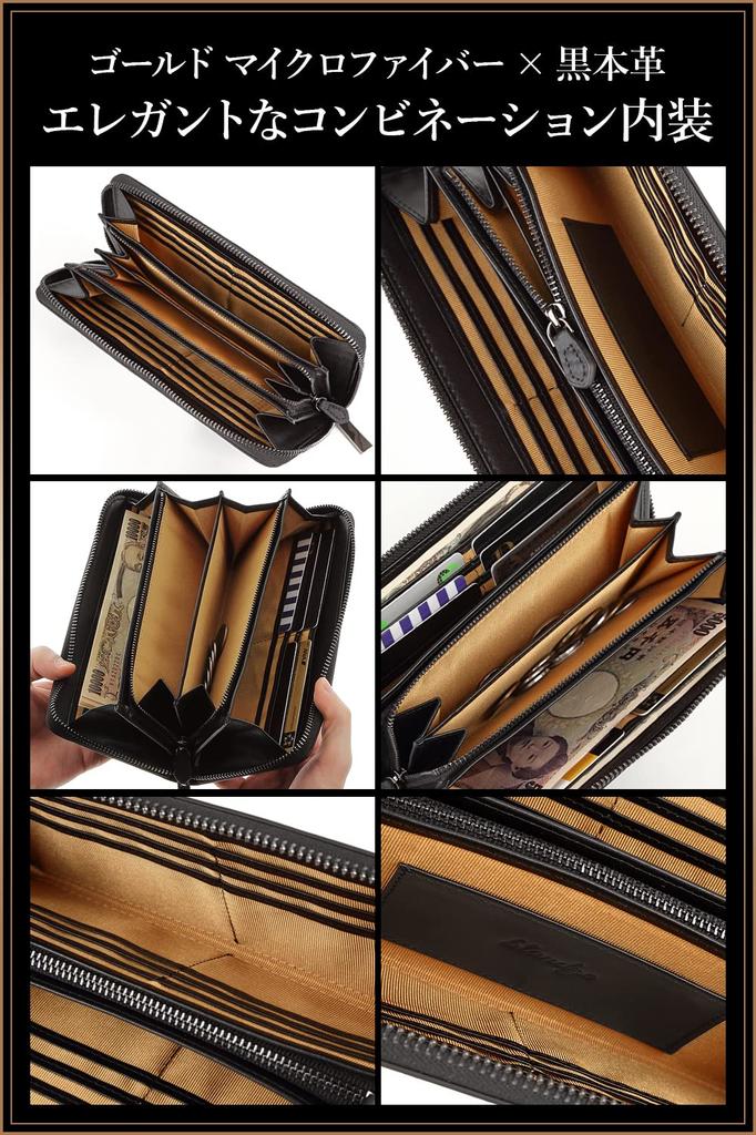 Branze Long Italian Saffiano YKK Round Separate Coin Purse Black x Men's Wallet, Leather, Leather, Zipper, (Saffiano Gold)