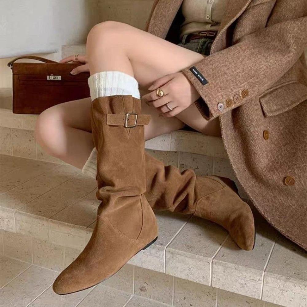 Fashion Medium Boots Women Winter Retro Inner Heightening Folds Piled Shoe Round Head Low Heel Belt Buckle Knight Boots Long Shoes Women