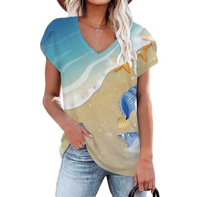 Camicette 2023 Estate Manica Corta T-Shirt da Spiaggia Moda Donna Streetwear Stampa T-shirt Girocollo T-shirt Ampia Abbigliamento Elegante 25702