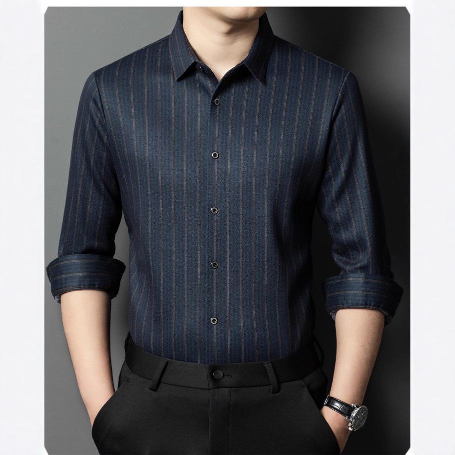 Herren Luxus Gestreift Kaschmir Seide Langarm Business Casual Hemd