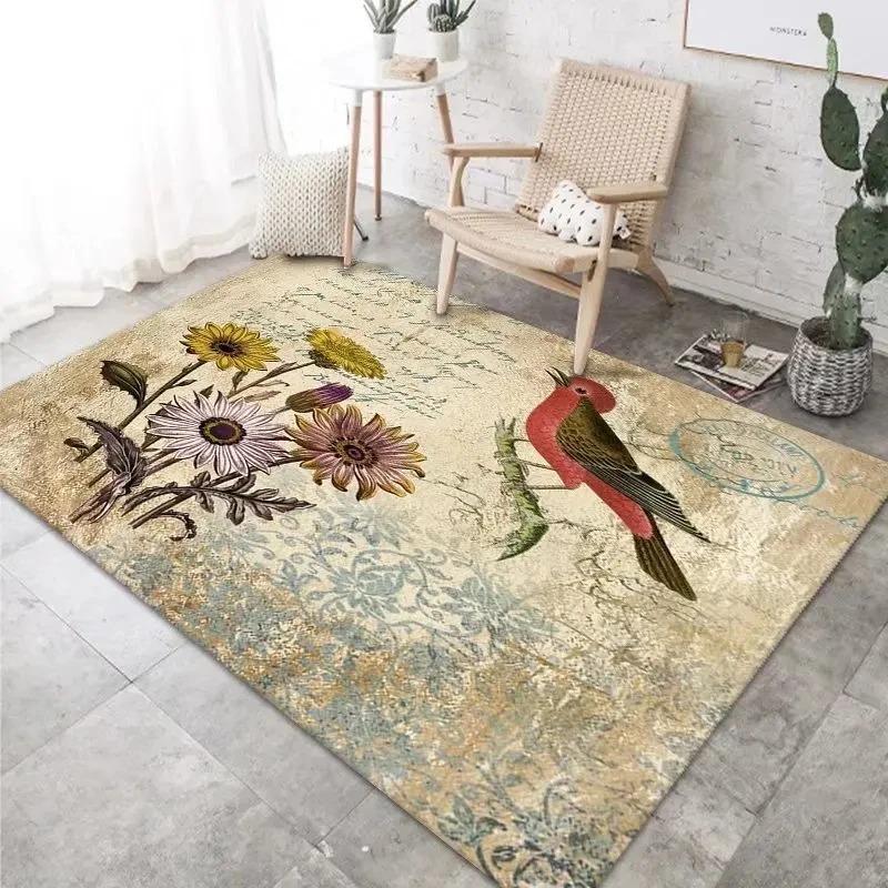 Künstlerischer Vintage-Dekor-Teppich mit Vögeln, Schmetterlingen und Geranien, der dem Wohnraum natürlichen Charme verleiht