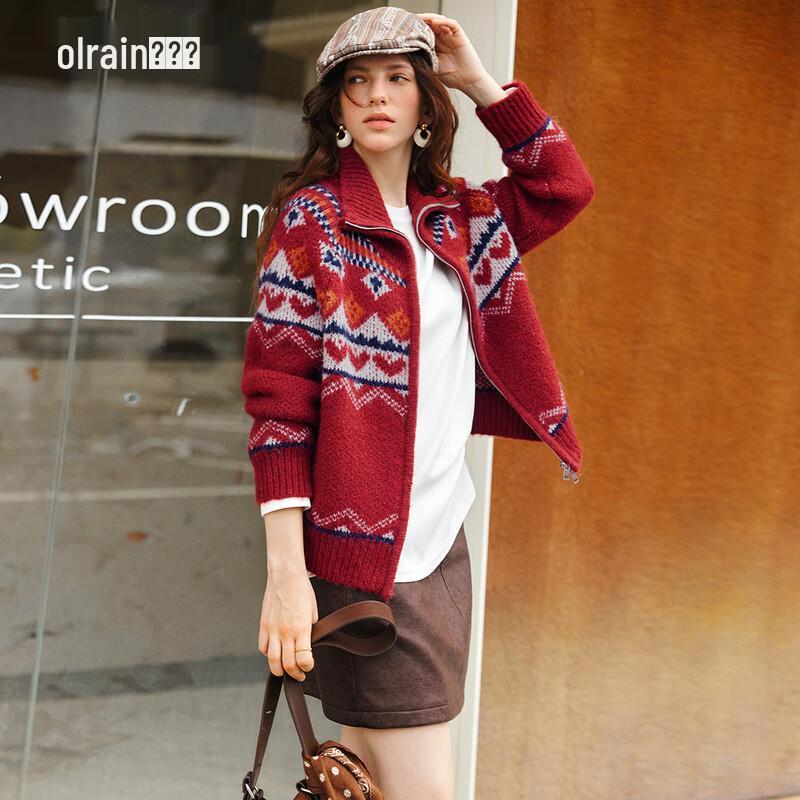 Olrain Women's Red Fair Isle Loose Knit Cardigan Sweater