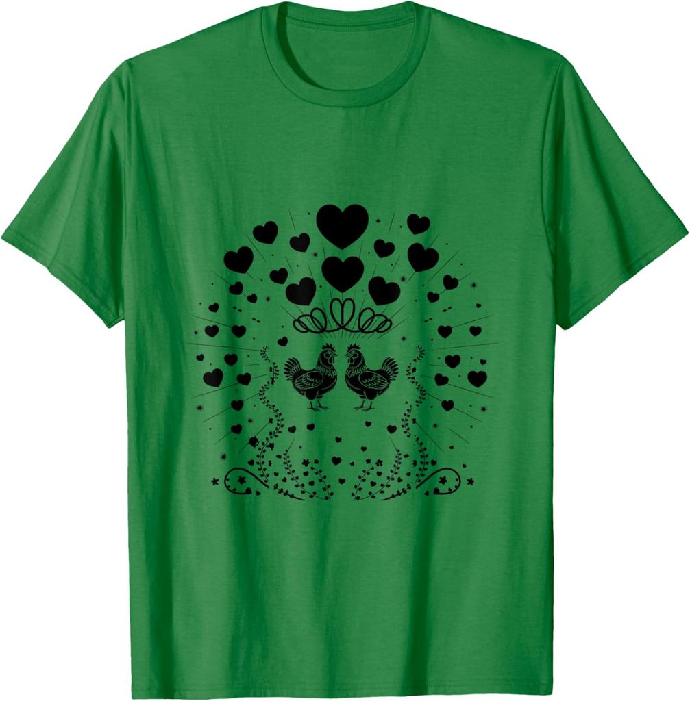 Chicken Couple Hearts Valentine Farm Animal Graphic Tee Soft Cotton Casual Daily T-Shirt