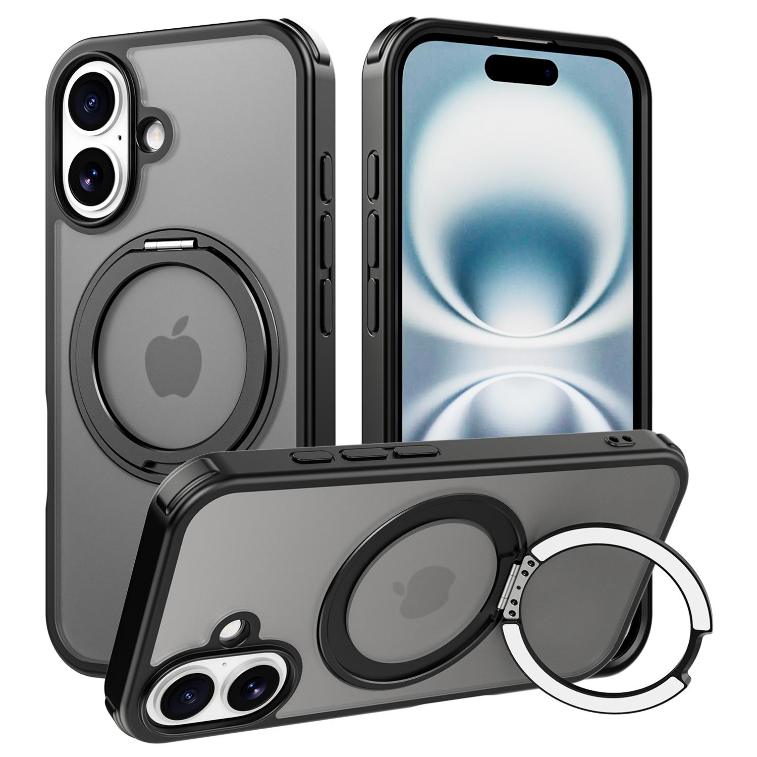

For iPhone 16 Case Compatible with MagSafe Ring Kickstand TPU+PC Back Cover - Black