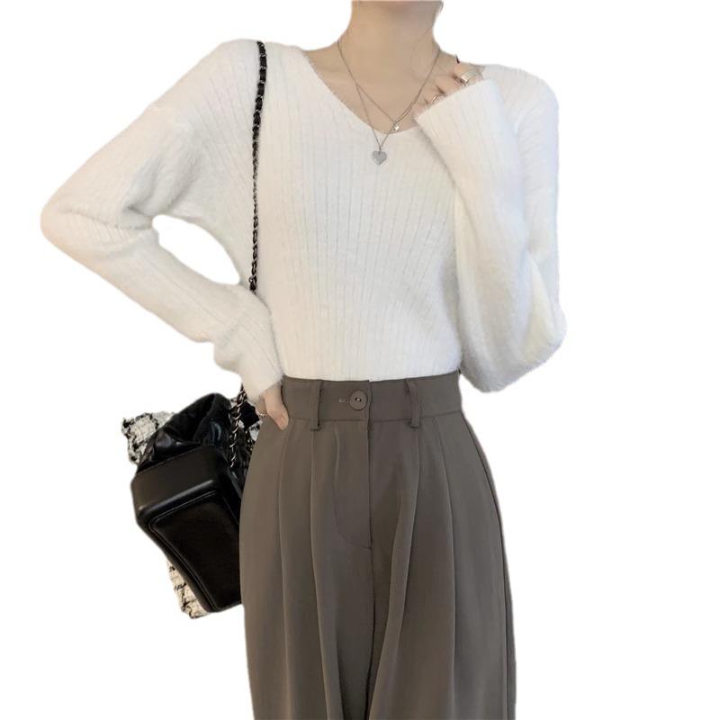 Women's Slim Fit V-Neck Knitted Sweater - Soft Imitation Mink, Perfect for Spring, Autumn, and Winter.