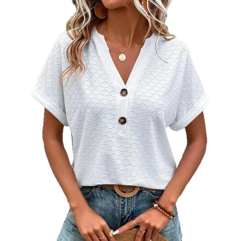 Spring/Summer 2025 Women's Casual V-Neck Button T-Shirt - Solid Color Fashion