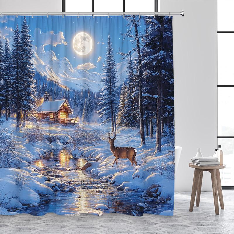 Winter Forest Elk Shower Curtain Snow Whitetail Deer Streams Farmhouse Cedar Christmas Home Bathroom Decor Bath Curtains Set