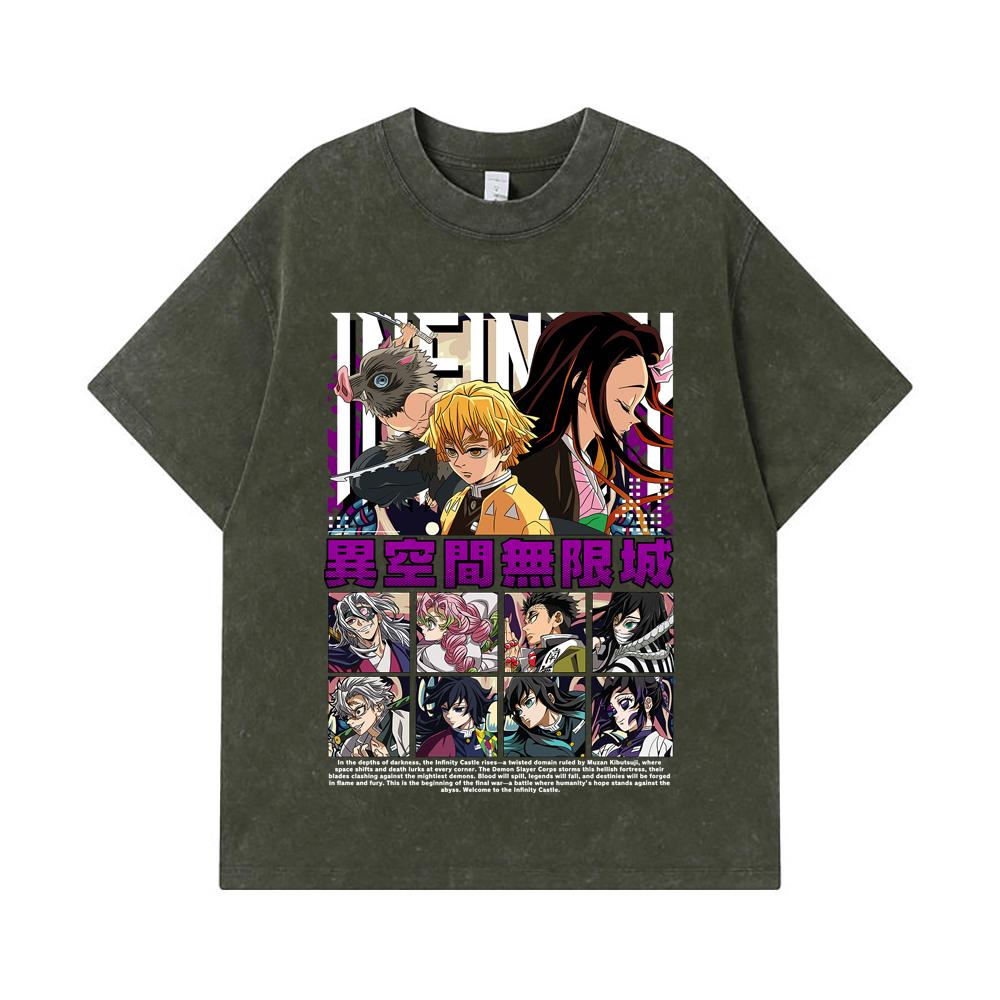

275 GSM Washed T-shirts 100% Cotton Demon Slayer V51 Print Unisex Heavy Cotton T Shirt S армия зеленый