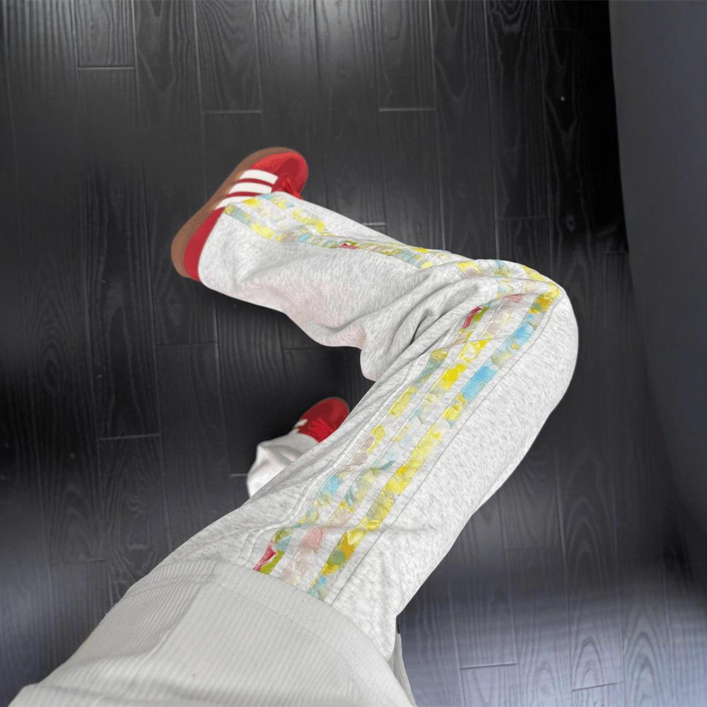 American retro color flower three-bar pants men's autumn heavy drape sweatpants straight sports casual pants