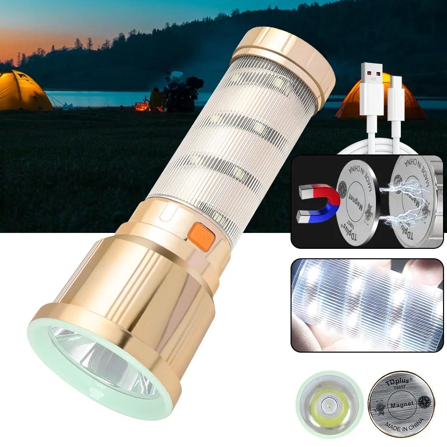 Portable Powerful LED Flashlight Built-in Battery Type-C Rechargeable Magnetic Lantern Outdoor Camping Emergency Tactical Lamp