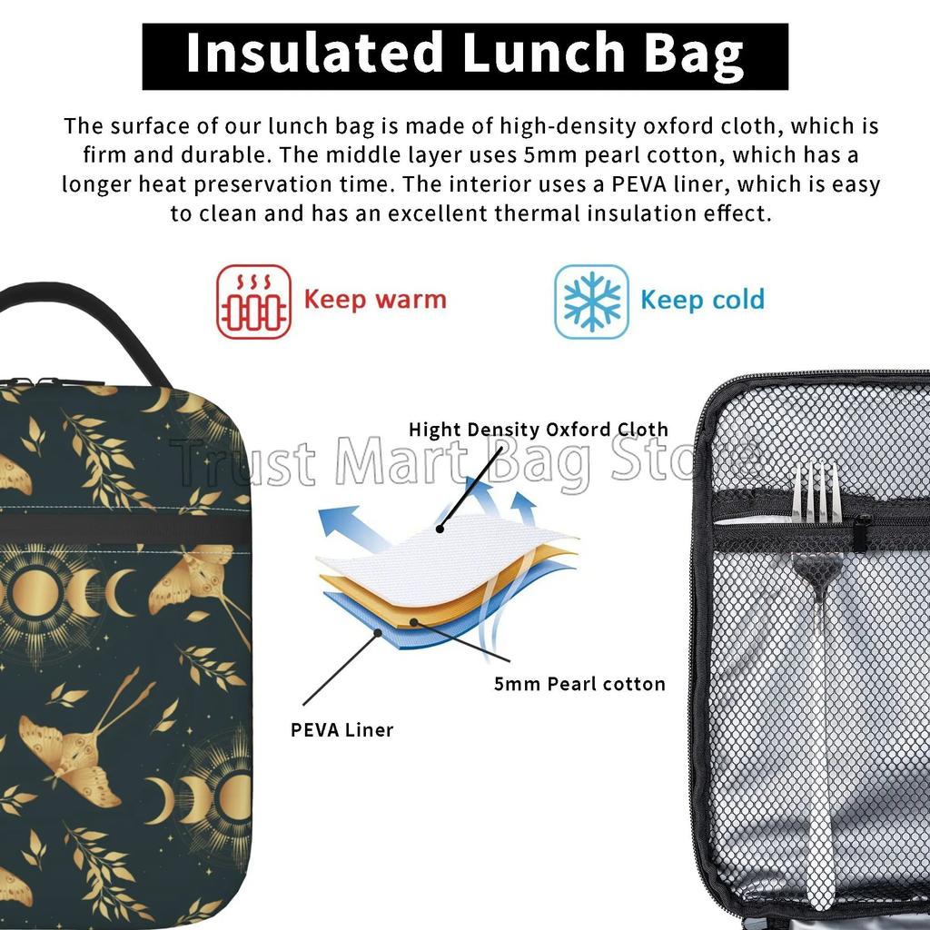 Magic Moon Moth and Moon Phases in Gold Colors Thermal Lunch Bag for Women Reusable Portable Lunch Box Waterproof Cooler Tote