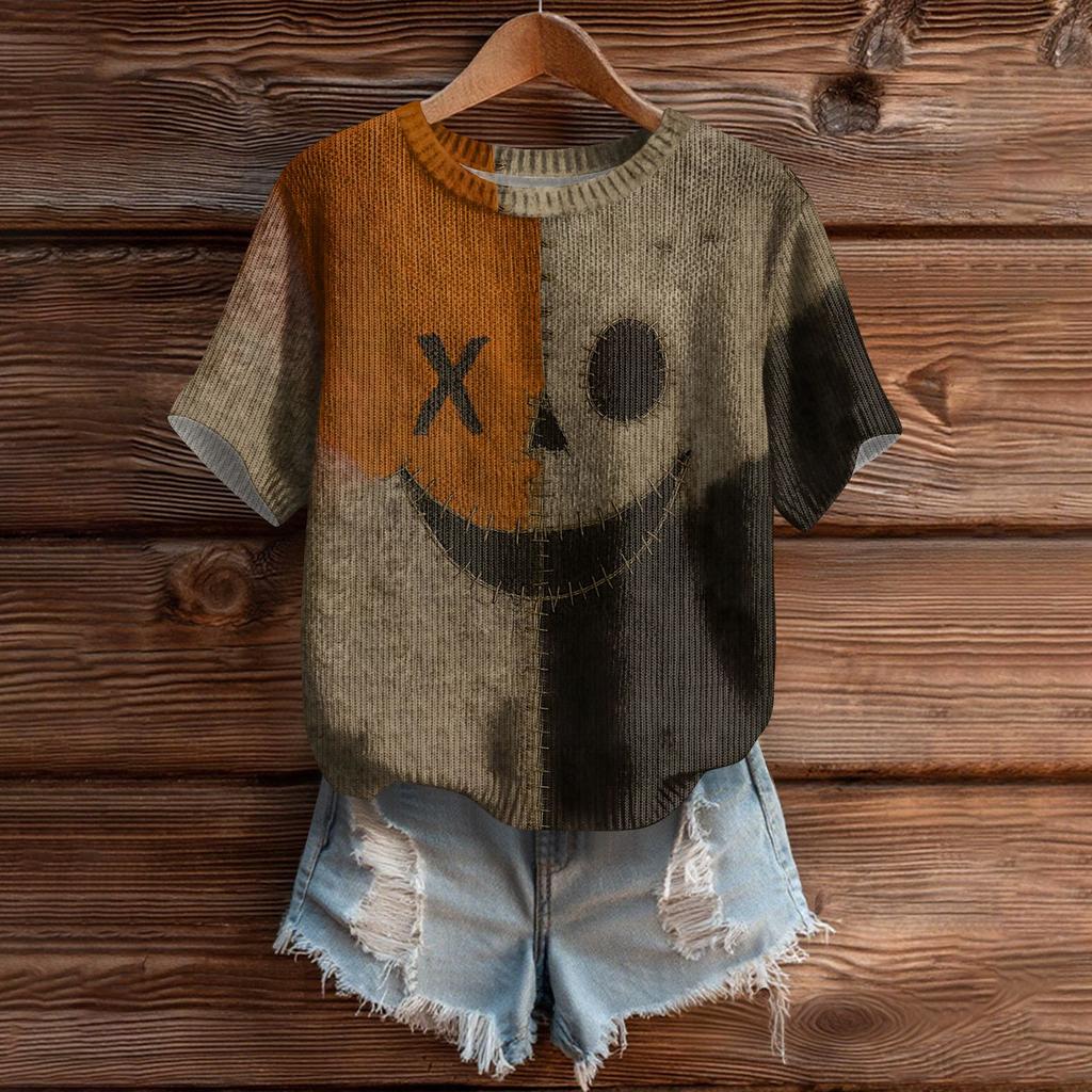 Women's Cute Sweater Knitted Fashion Casual Round-neck Short-sleeved  Cozy Print Top