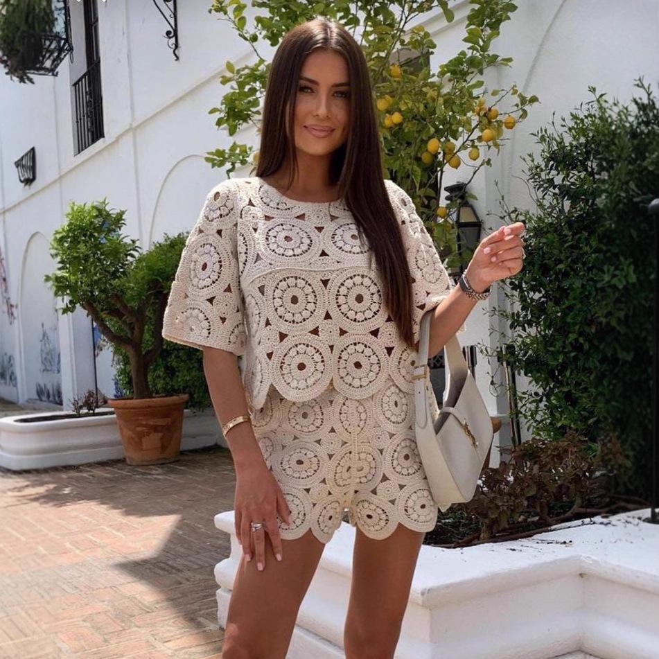 

Женский белый кружевной топ с короткими рукавами и шорты, комплект со соломенной шляпой, повседневный летний наряд L абрикосовый