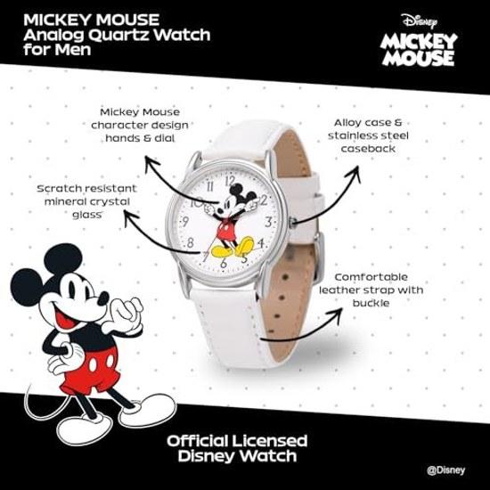 Disney Mickey Mouse Adult Classic Cardiff Jointed Hand Analog Quartz Leather Strap Watch White 2 - Silver Case/White