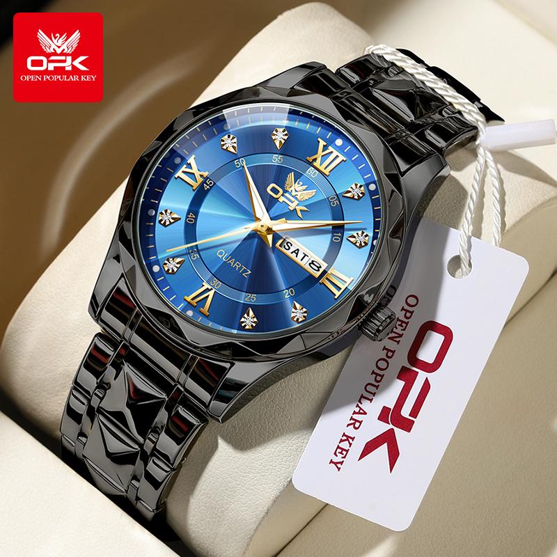 OPK Brand Original Men's Watches Waterproof Week Calendar Quartz Watch for Men Fashion Luminous Diamond Scale Watch