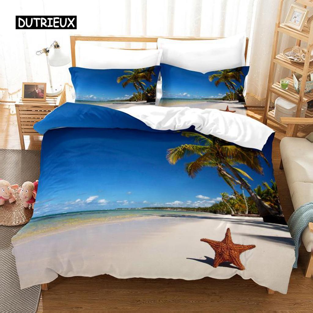 Ocean Duvet Cover Set Summer Beach Decor Hawaiian Vacation Style Bedding Set Palm Tree Tropical Nature Sea Polyester Quilt Cover