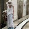 DIMANAF 2025 New Dress Women Knitting Beach Sleeveless Lace Long Hollow Out Sexy Vest O-Neck Hollow Summer Style Tops Tees Loose Basic Blue