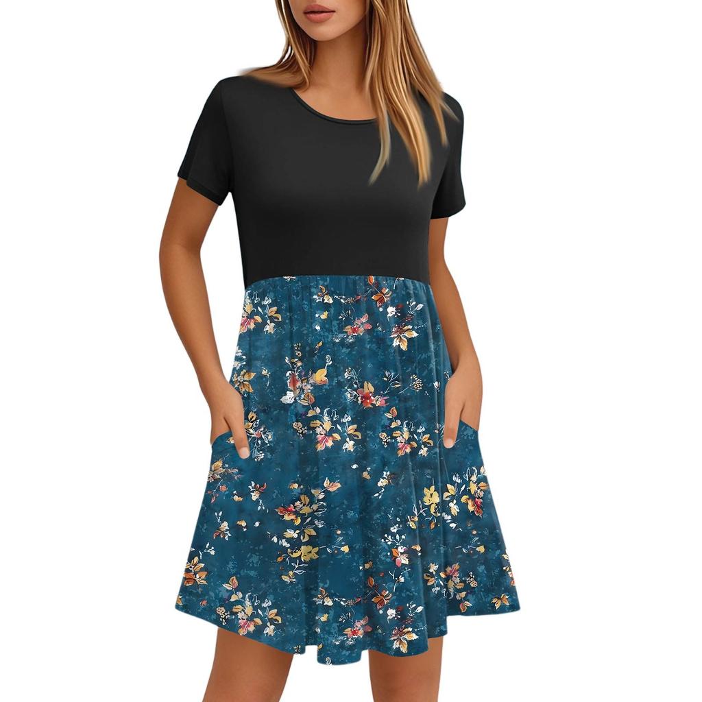 Women's Fashion Casual Loose Round Neck Short Sleeve Printed Pocket Dresses