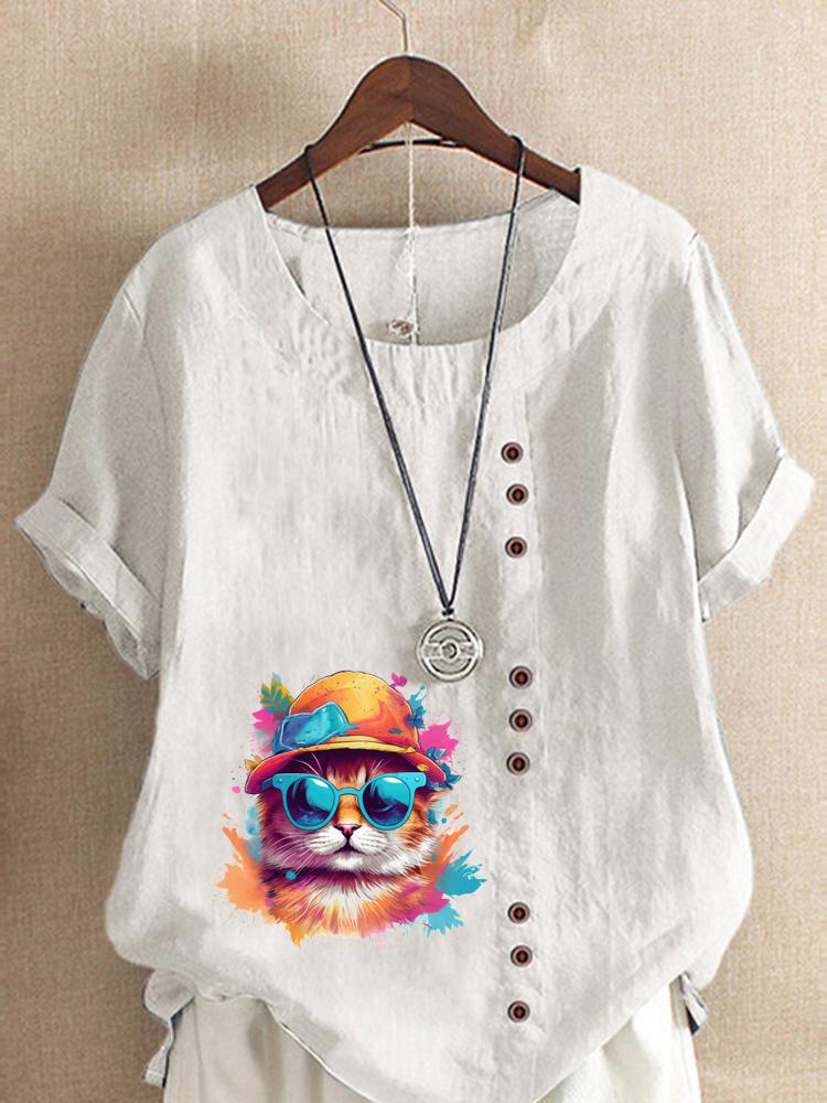 Women's Fashion Colorful Cat Print Round Neck Short Sleeve T-shirt Summer Casual Cotton Linen Graphic Shirt Leisure Loose Blouse Tops