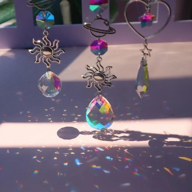 Crystal Wind Chime Moon Sun Catcher Diamond Prism Pendant Dream Catcher Rainbow Chaser Pendant Home Garden Decoration Wind Chime
