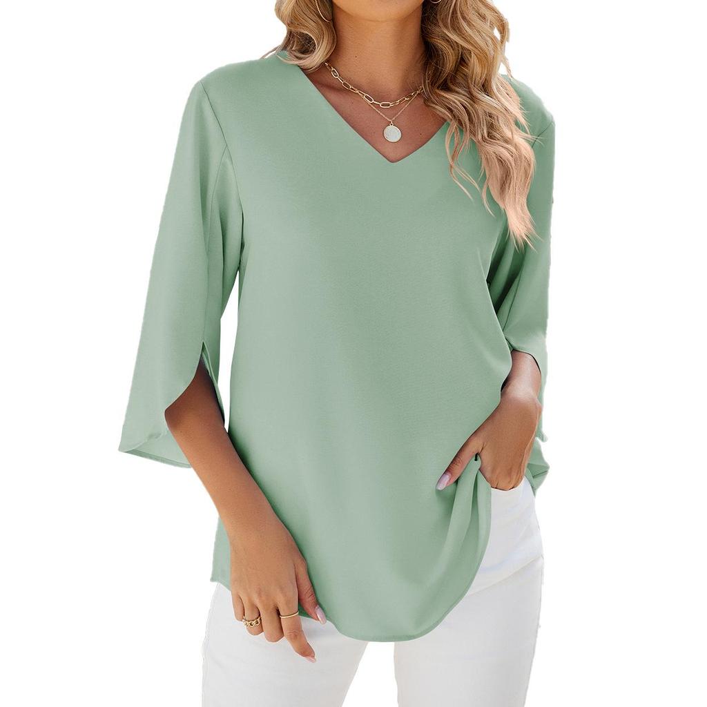 2024 Spring/Summer Solid Color V-Neck Medium Sleeve Loose Chiffon Blouse for Women