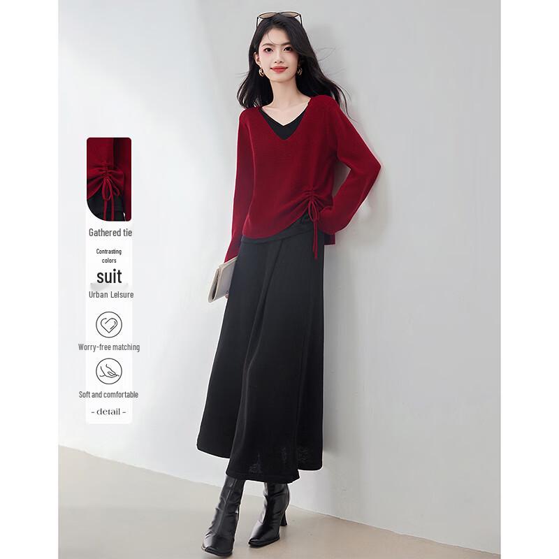 Autumn Elegant Pleated Tie Design Color Block Women s Set One Size