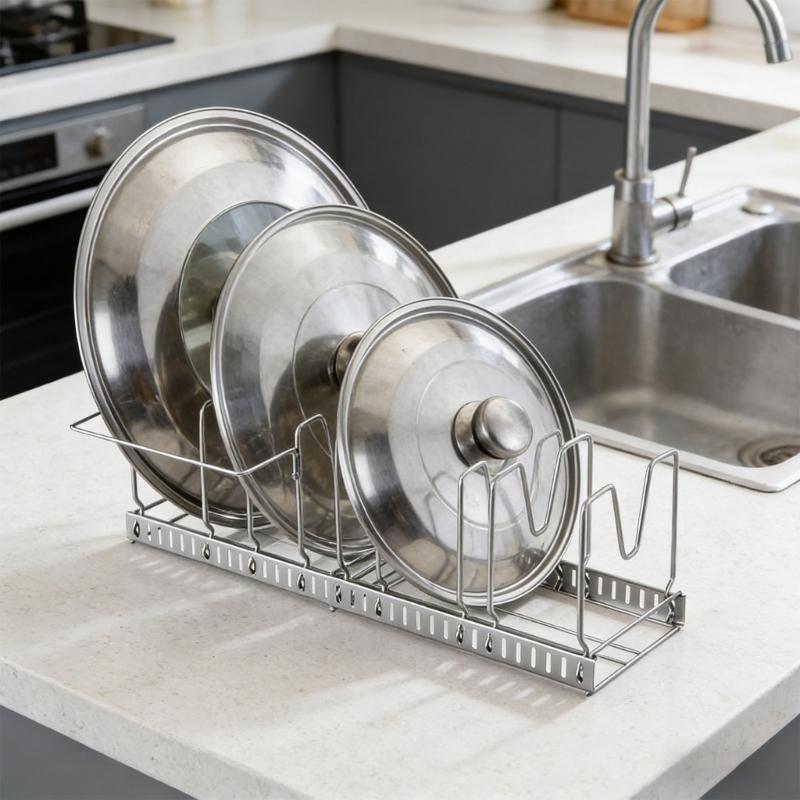 Steel Adjustable Pot Lid Rack Wall Mounted Organizers For Kitchen Storage Solution with Tool Easy Setups for Kitchen Use