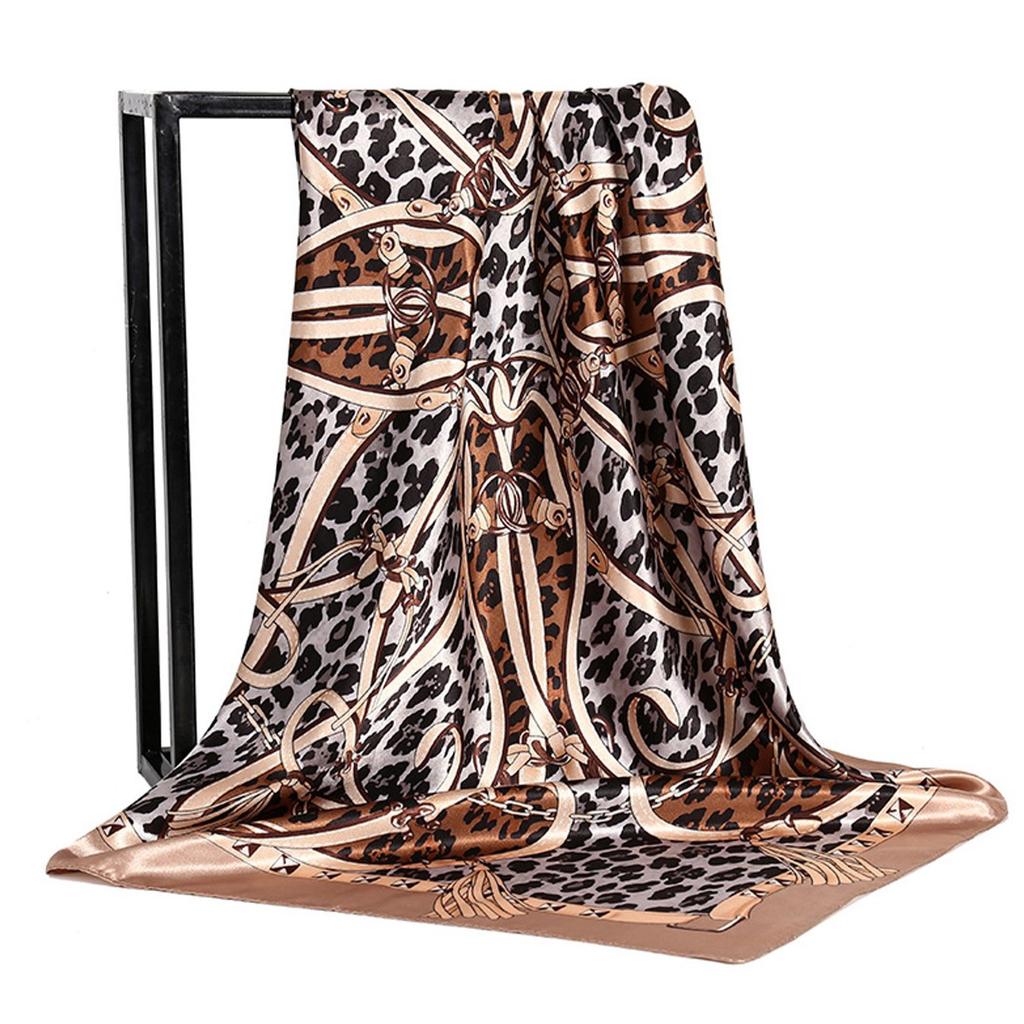 Retro leopard print two-color 91 imitation silk square scarf, female foreign high-end shawl temperament silk scarf