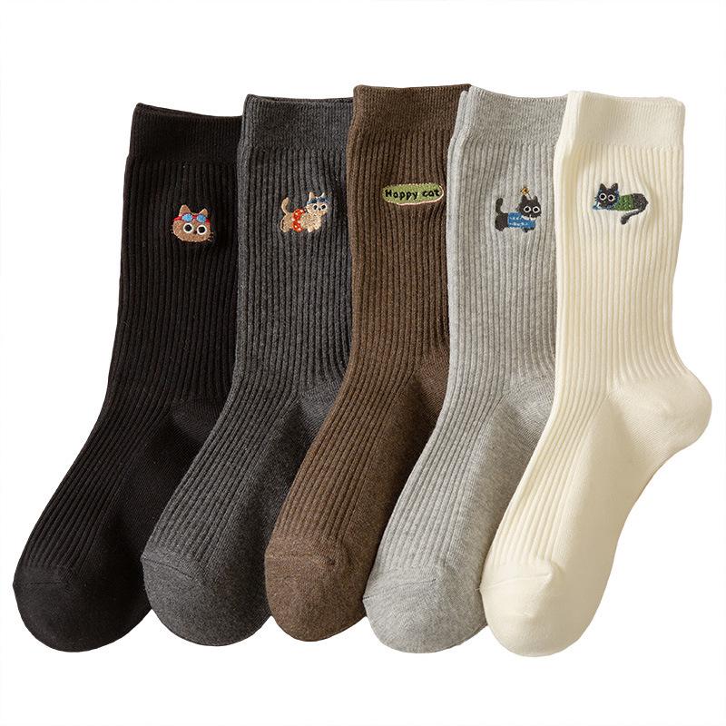 Dámské bavlněné ponožky střední délky v japonském stylu s dvojitou jehlou - Podzim/Zima, Svislý pruh s kreslenou výšivkou