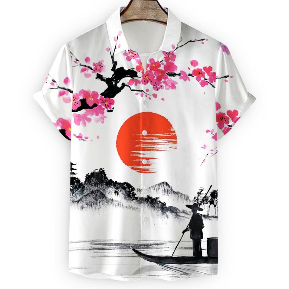 Japanese Flower Bird Print Fashion Men's Shirt Hawaiian Blouse Casual Loose Breathable Short Sleeve Outdoor Street Men's Clothes