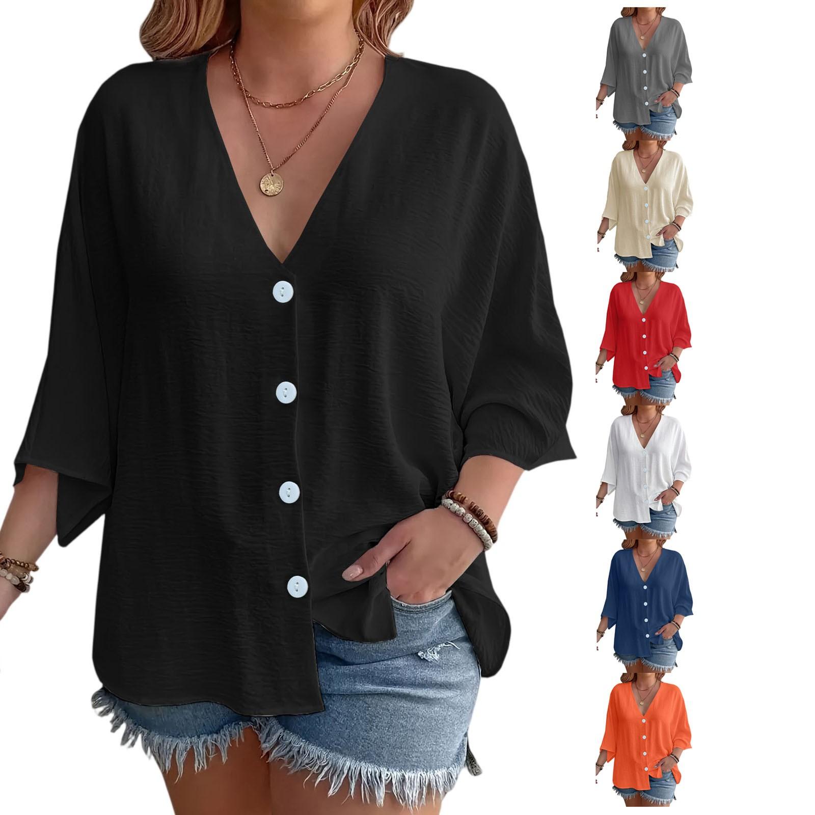 

Women s Casual V Neck Button Shirt Classic Short Sleeve Shirt Tops Fashion Loose Solid Color XL Темно-синій