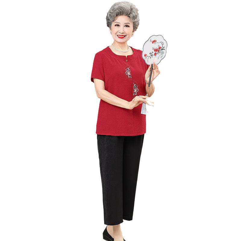 Grandma's Summer Casual Cotton & Linen Set: Short-Sleeve Embroidered T-Shirt for Elderly Women