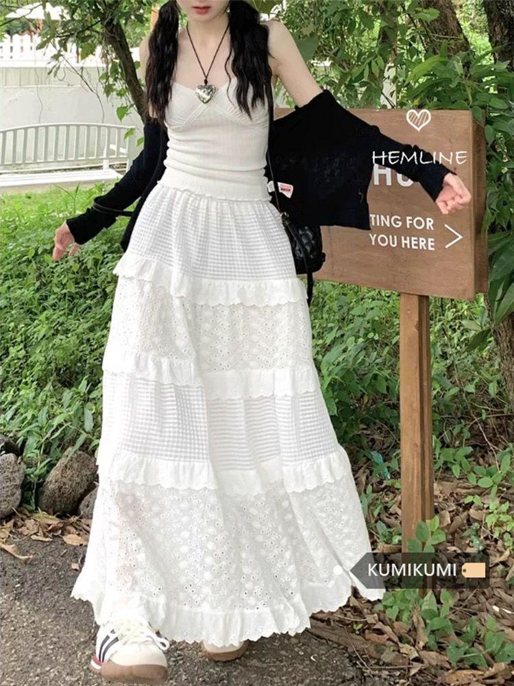 Lace High-Waisted Slimming A-Line White Midi Skirt for Women - Spring Collection