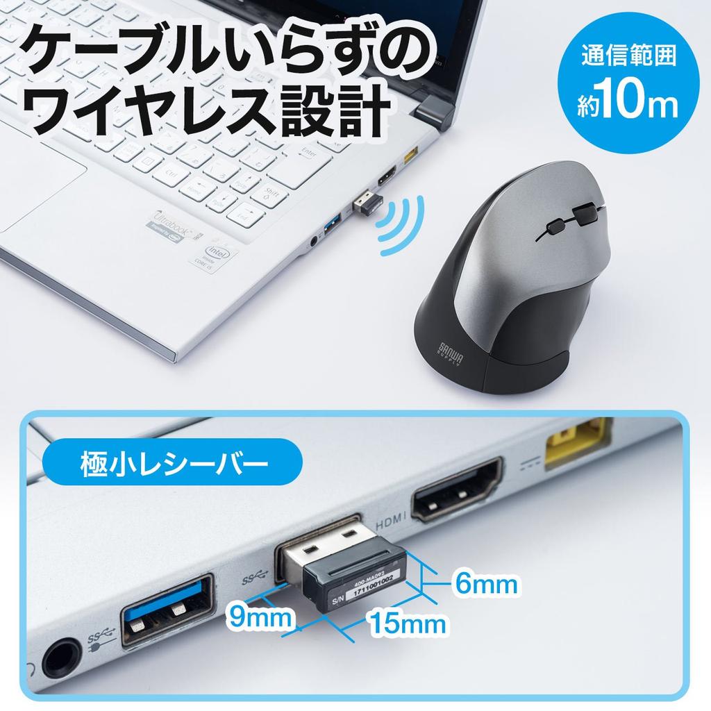 Sanwa Direct Ergonomic Wireless Mouse, Tendonitis Prevention, Blue LED, 5 Buttons, 400-MA092