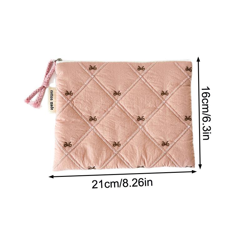 Quilted Design Cosmetic Bag Embroidered Bow Large Capacity Stationery Bag Multifunctional Pen Bag