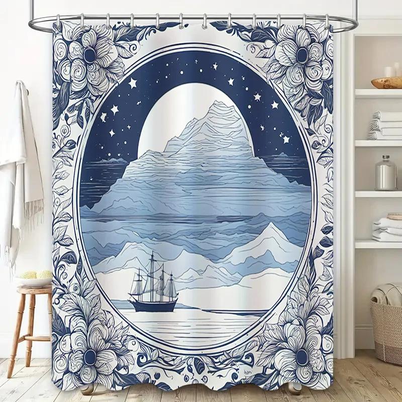 Elegant Navy Blue Moonlight Mountains Flower Bath Rug Shower Curtain Decorative Waterproof Bathroom Fabric Navy Blue Floral