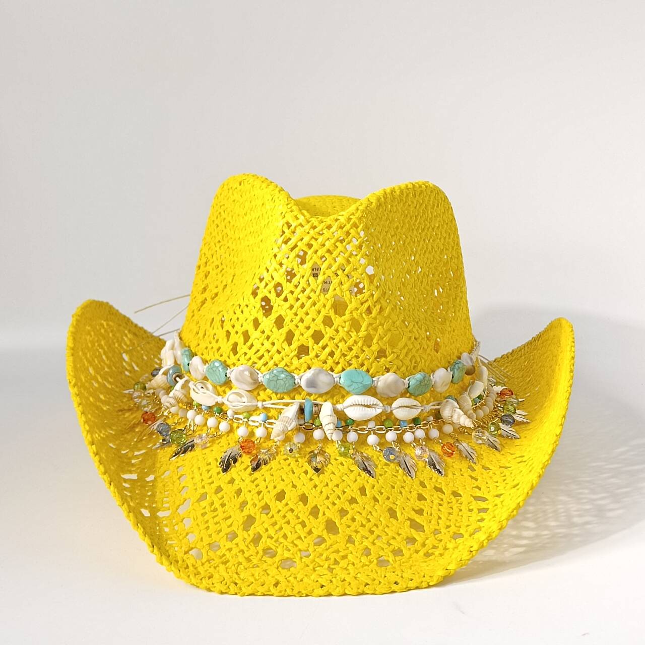 

Women S Yellow Crochet Western Cowboy Hat Breathable Hollow Out With Turquoise Sea Shell Beaded Band For Summer Beach Sun Protec S56-58cm
