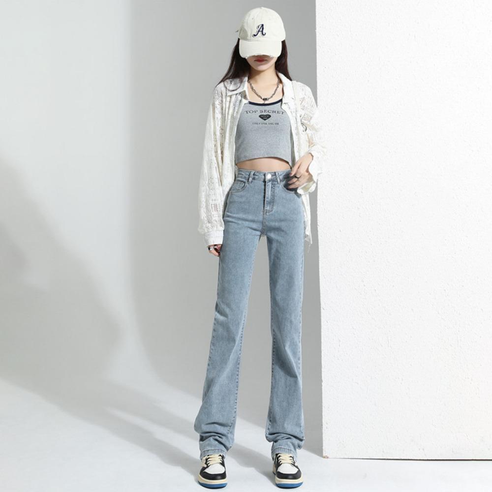 

Модные прямые джинсы женские весенне-осенние новые с высокой талией высокие и стройнящие свободные драпирующиеся джинсы в пол 2XL светло-синий